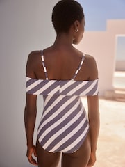 Navy/Cream Stripe Cold Shoulder Bardot Tummy Shaping Control Swimsuit - Image 3 of 6