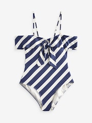 Navy/Cream Stripe Cold Shoulder Bardot Tummy Shaping Control Swimsuit - Image 6 of 6
