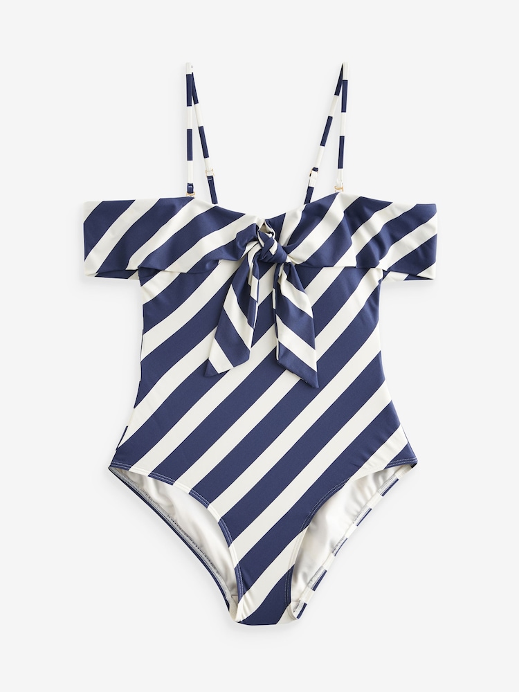 Navy/Cream Stripe Cold Shoulder Bardot Tummy Shaping Control Swimsuit - Image 6 of 6