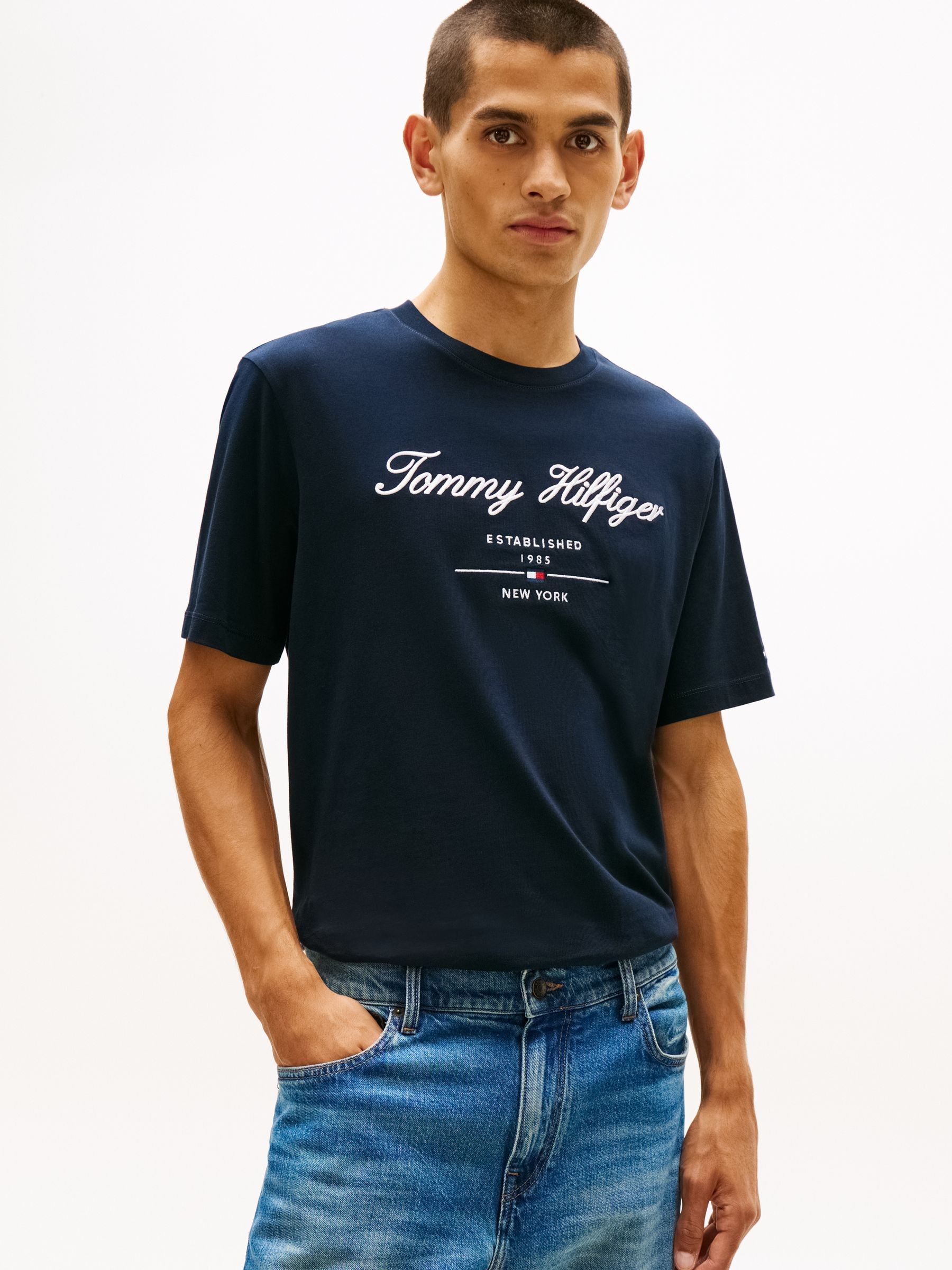 Tommy Hilfiger Men's Desert Sky Blue Textured Logo Jersey T-Shirt - Image 1