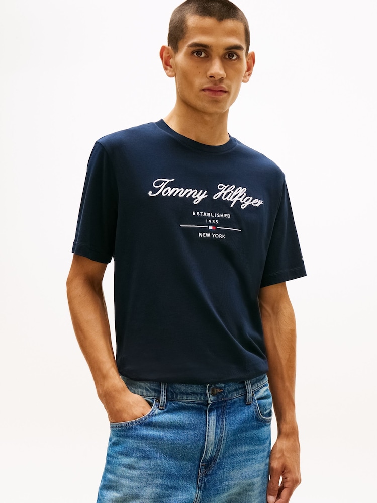 Tommy Hilfiger Desert Sky Blue Textured Logo Jersey T-Shirt - Image 1 of 5 Tommy Hilfiger Desert Sky Blue Textured Logo Jersey T-Shirt - Image 1 of 5