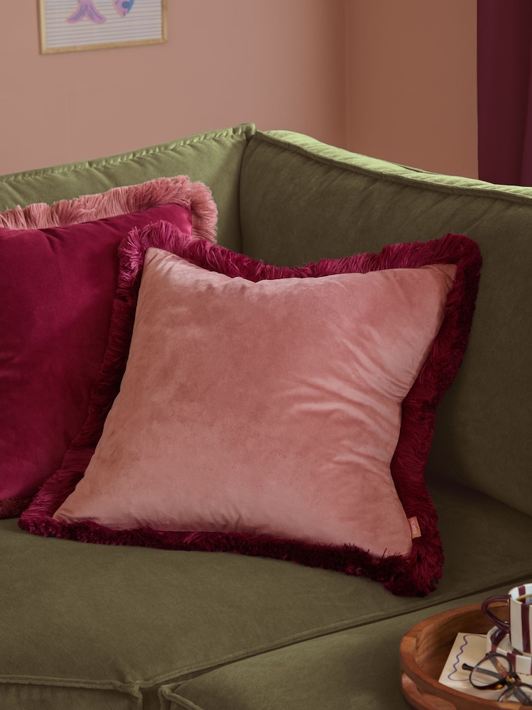 Furn SlipperBurgundy Halo Fringed Velvet Fibre Filled Cushion - Image 1 of 5