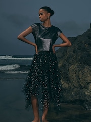 Apricot Black Metallic Stars Tulle Hanky Hem Skirt - Image 1 of 6