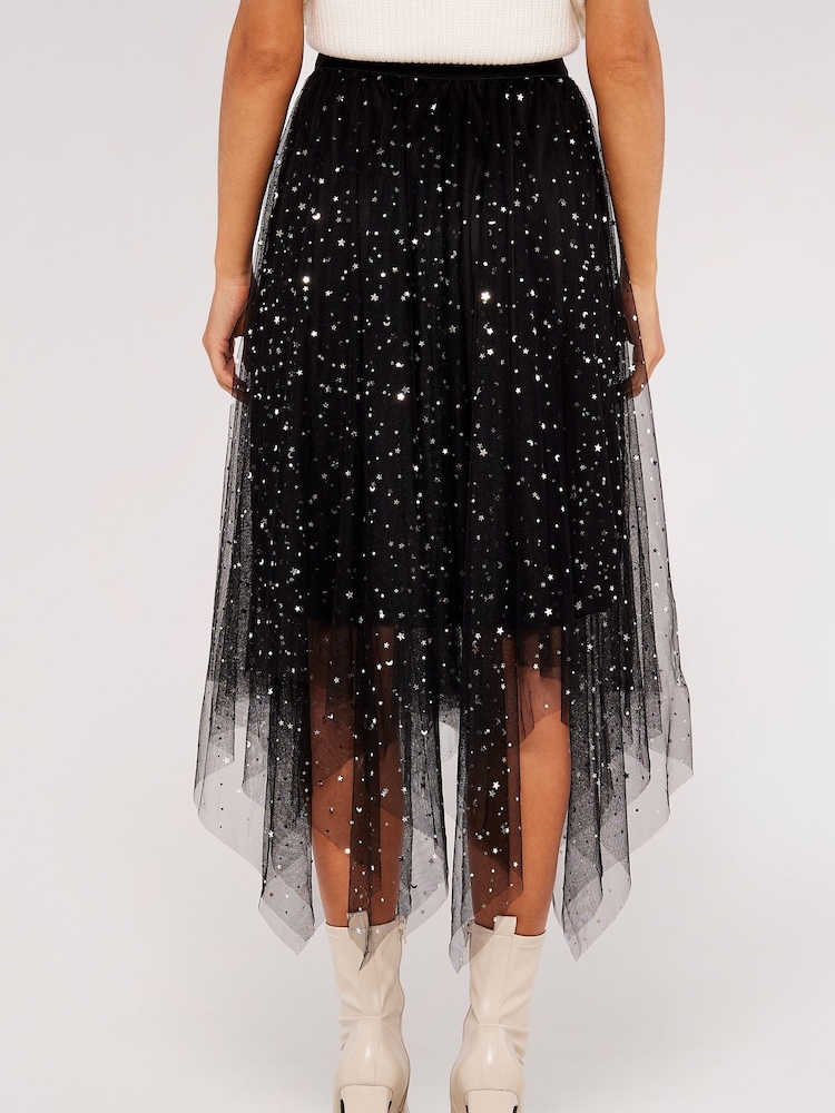 Apricot Black Metallic Stars Tulle Hanky Hem Skirt - Image 2 of 6