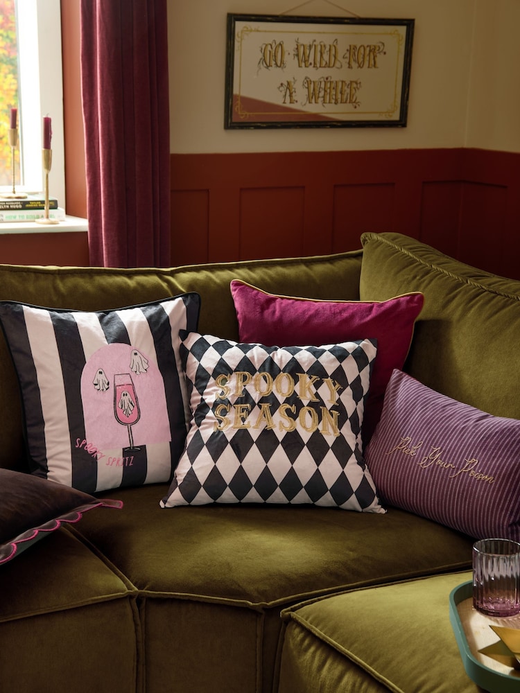 Furn Pink Mono Spooky Season Velvet Halloween Fibre Filled Cushion - Image 2 of 5 Furn Pink Mono Spooky Season Velvet Halloween Fibre Filled Cushion - Image 2 of 5