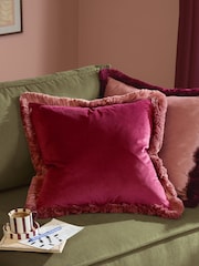 Furn Burgundy Slipper Halo Fringed Velvet Fibre Filled Cushion - Image 1 of 5