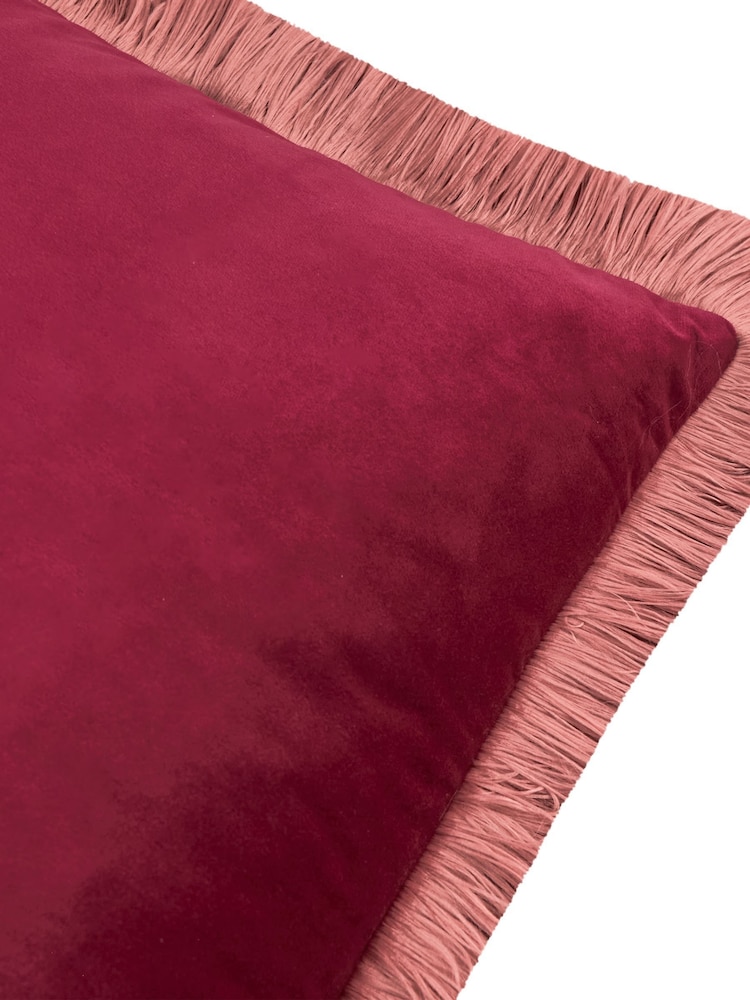 Furn Burgundy Slipper Halo Fringed Velvet Fibre Filled Cushion - Image 5 of 5