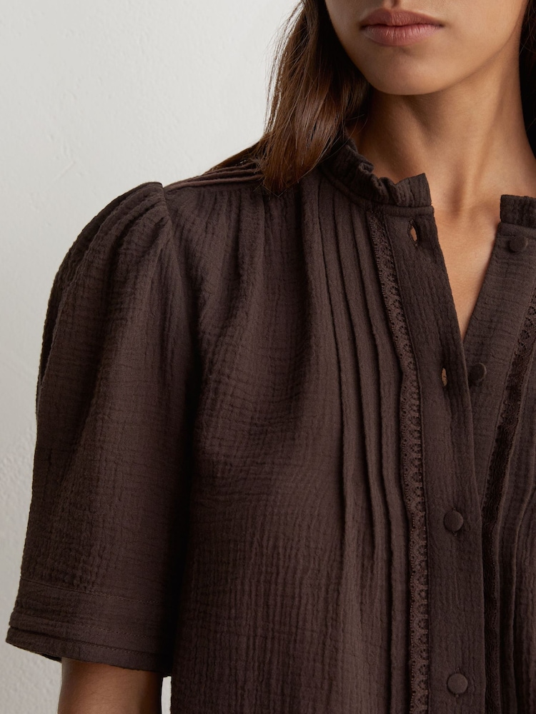 Reiss Chocolate Brown Aurelia Cotton Cheesecloth Frill-Neck Top - Image 1 of 6 Reiss Chocolate Brown Aurelia Cotton Cheesecloth Frill-Neck Top - Image 1 of 6