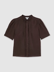 Reiss Chocolate Brown Aurelia Cotton Cheesecloth Frill-Neck Top - Image 2 of 6