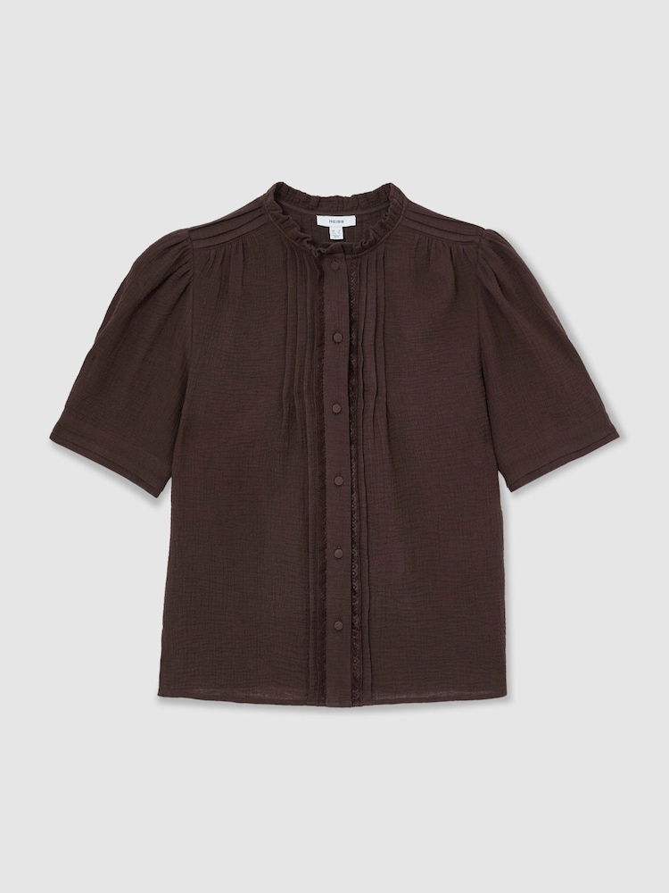 Reiss Chocolate Brown Aurelia Cotton Cheesecloth Frill-Neck Top - Image 2 of 6 Reiss Chocolate Brown Aurelia Cotton Cheesecloth Frill-Neck Top - Image 2 of 6