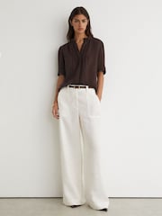 Reiss Chocolate Brown Aurelia Cotton Cheesecloth Frill-Neck Top - Image 3 of 6