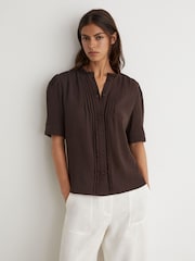 Reiss Chocolate Brown Aurelia Cotton Cheesecloth Frill-Neck Top - Image 4 of 6