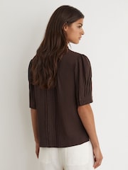 Reiss Chocolate Brown Aurelia Cotton Cheesecloth Frill-Neck Top - Image 5 of 6