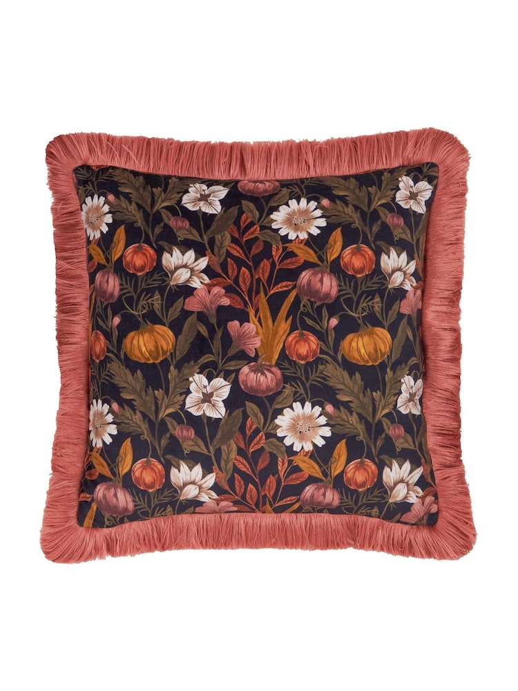 Furn Burnished RoseMoss Autumn Garden Fringed Velvet Fibre Filled Cushion - Image 2 of 4