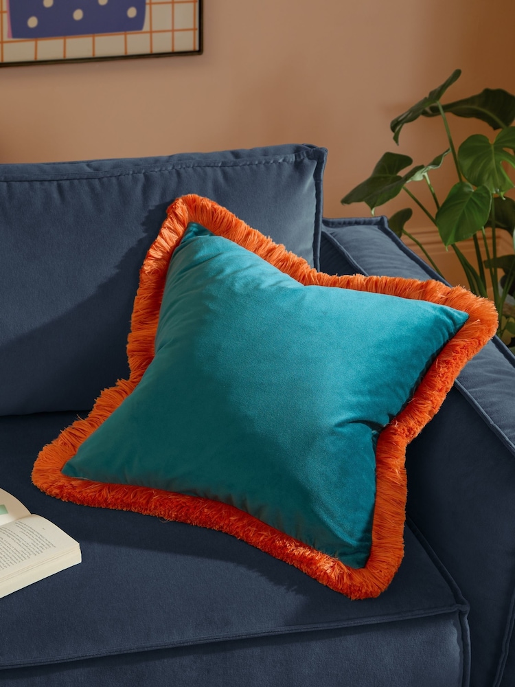Furn Teal Tiger Halo Fringed Velvet Fibre Filled Cushion - Image 1 of 5