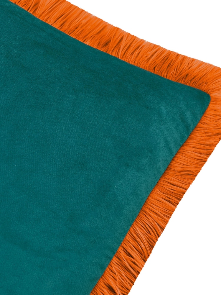 Furn Teal Tiger Halo Fringed Velvet Fibre Filled Cushion - Image 5 of 5