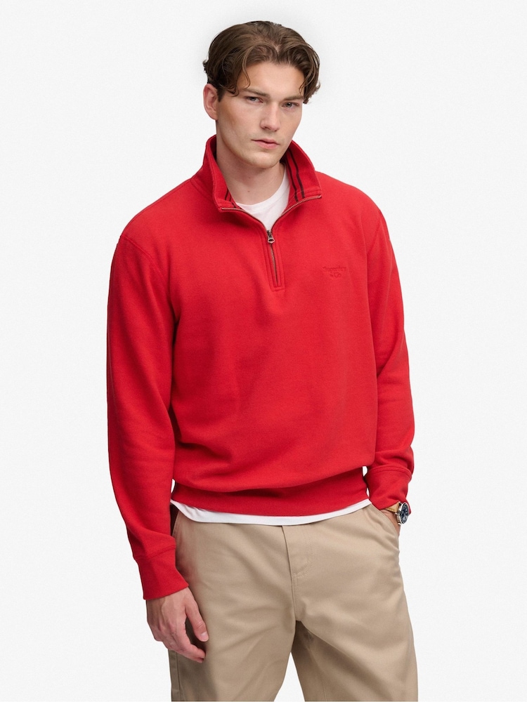 Superdry Red Essential Serif Logo Half Zip Sweatshirt - Image 1 of 6 Superdry Red Essential Serif Logo Half Zip Sweatshirt - Image 1 of 6