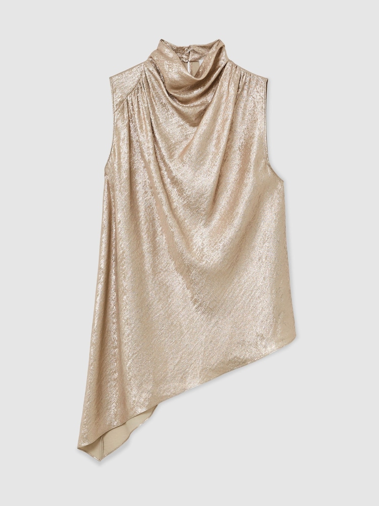 Reiss Champagne Neutral Romee Metallic Draped High-Neck Sleeveless Top - Image 2 of 7 Reiss Champagne Neutral Romee Metallic Draped High-Neck Sleeveless Top - Image 2 of 7