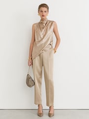 Reiss Champagne Neutral Romee Metallic Draped High-Neck Sleeveless Top - Image 4 of 7