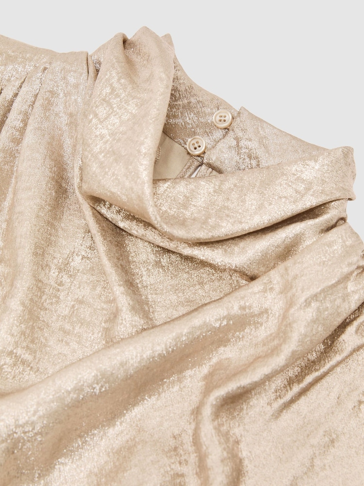 Reiss Champagne Neutral Romee Metallic Draped High-Neck Sleeveless Top - Image 7 of 7 Reiss Champagne Neutral Romee Metallic Draped High-Neck Sleeveless Top - Image 7 of 7