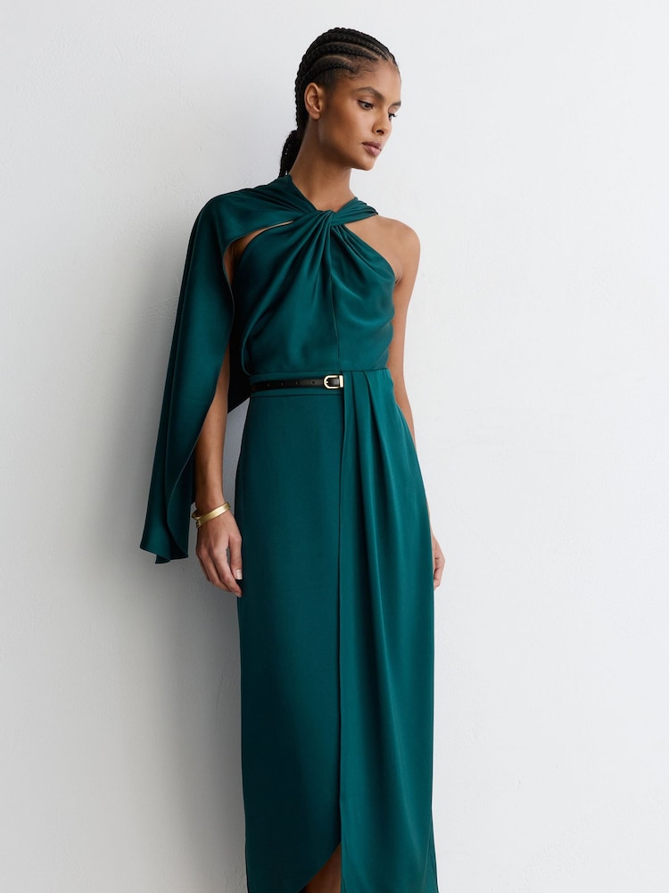 Reiss Teal Green Clodagh Satin Side-Cape Draped Midi Dress - Image 1 of 7
