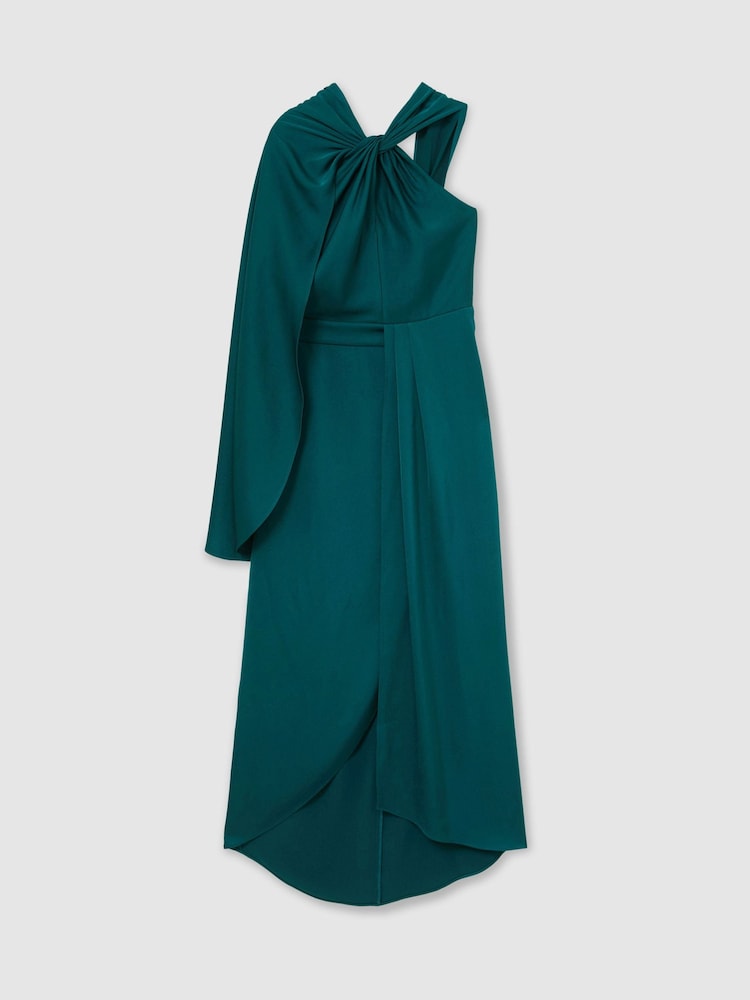 Reiss Teal Green Clodagh Satin Side-Cape Draped Midi Dress - Image 2 of 7