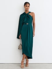 Reiss Teal Green Clodagh Satin Side-Cape Draped Midi Dress - Image 3 of 7