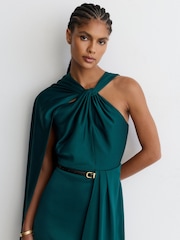 Reiss Teal Green Clodagh Satin Side-Cape Draped Midi Dress - Image 4 of 7