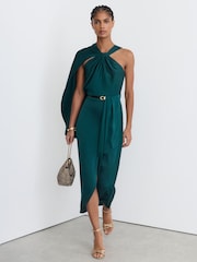 Reiss Teal Green Clodagh Satin Side-Cape Draped Midi Dress - Image 5 of 7