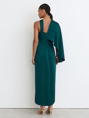 Reiss Teal Green Clodagh Satin Side-Cape Draped Midi Dress - Image 6 of 7