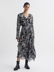 Reiss Black Callie Belted Ruffle Printed Midi Dress - Image 1 of 5