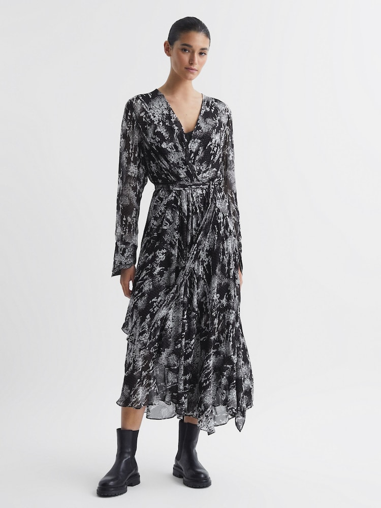 Reiss Black Callie Belted Ruffle Printed Midi Dress - Image 1 of 5