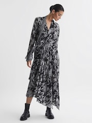 Reiss Black Callie Belted Ruffle Printed Midi Dress - Image 5 of 5