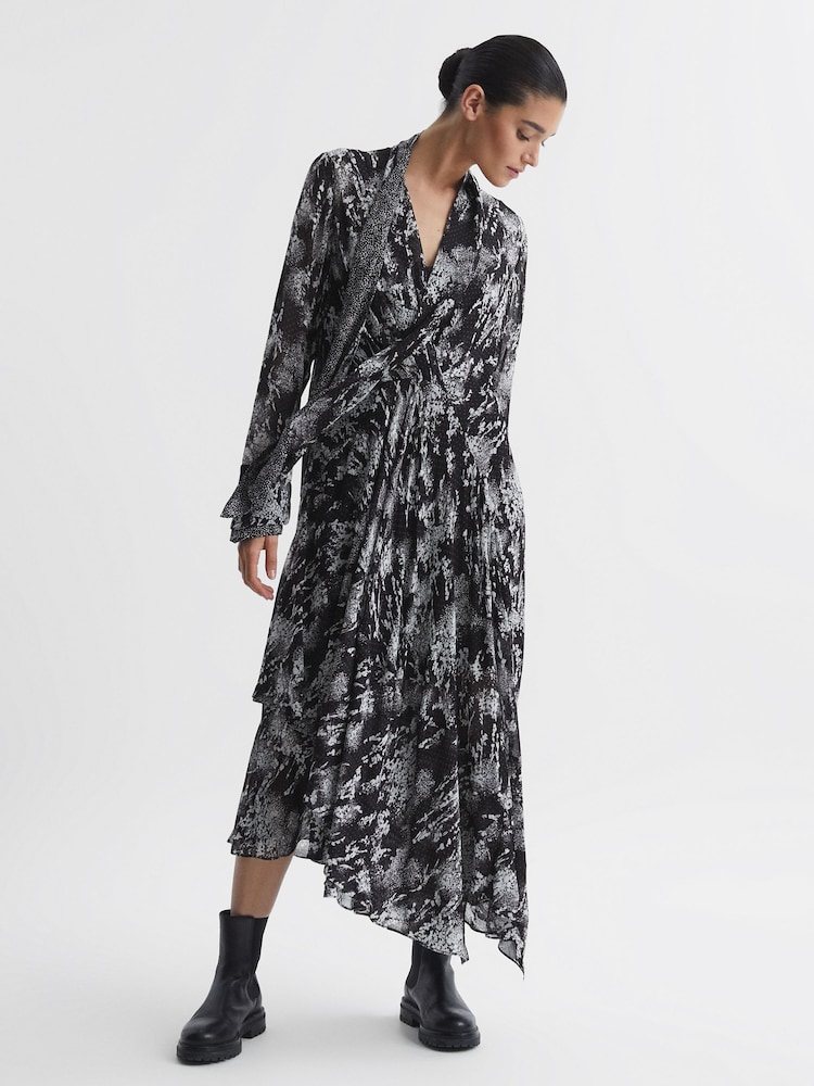 Reiss Black Callie Belted Ruffle Printed Midi Dress - Image 5 of 5