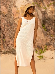 Roxy Cream 100% Cotton Midi Beach Dress with Slits - Image 1 of 6