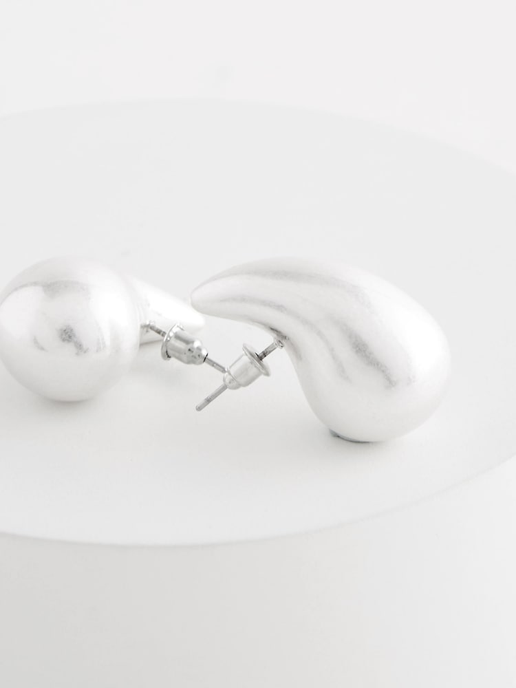Brushed Silver Tone Teardrop Statement Stud Earrings - Image 3 of 3