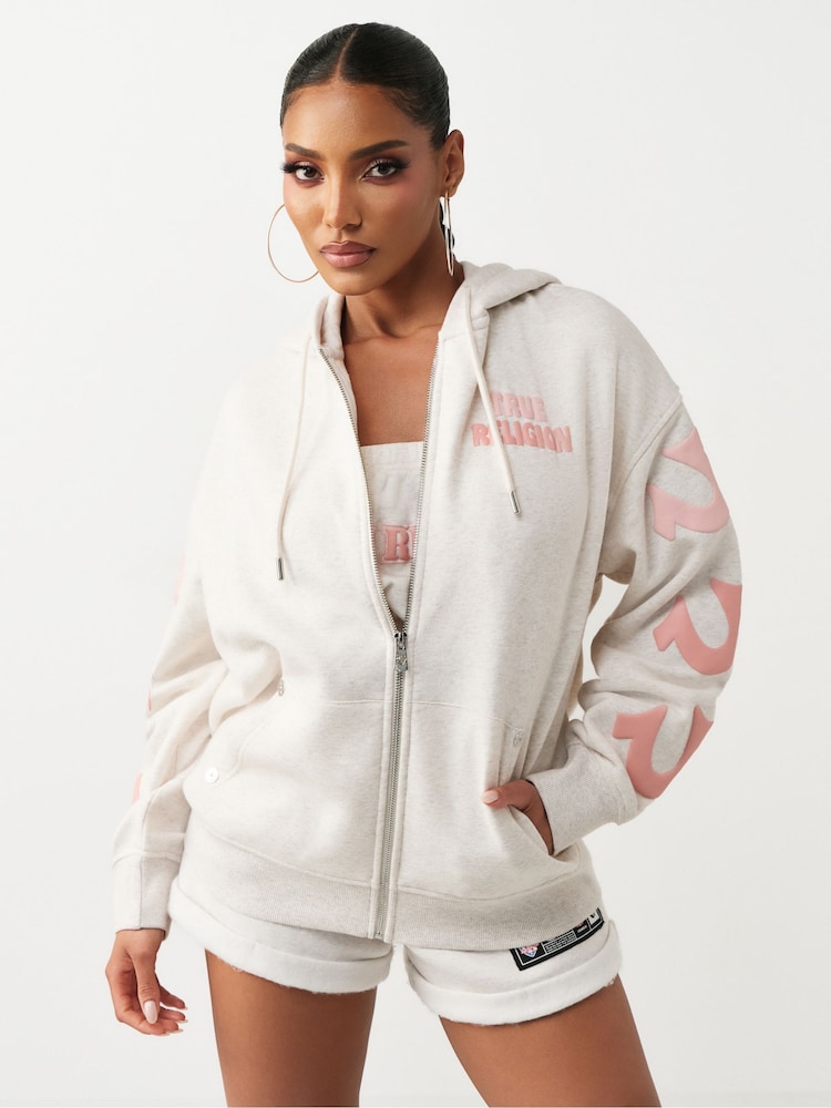True Religion Grey Puff Print Boyfriend Zip Up Hoodie - Image 1 of 5 True Religion Grey Puff Print Boyfriend Zip Up Hoodie - Image 1 of 5