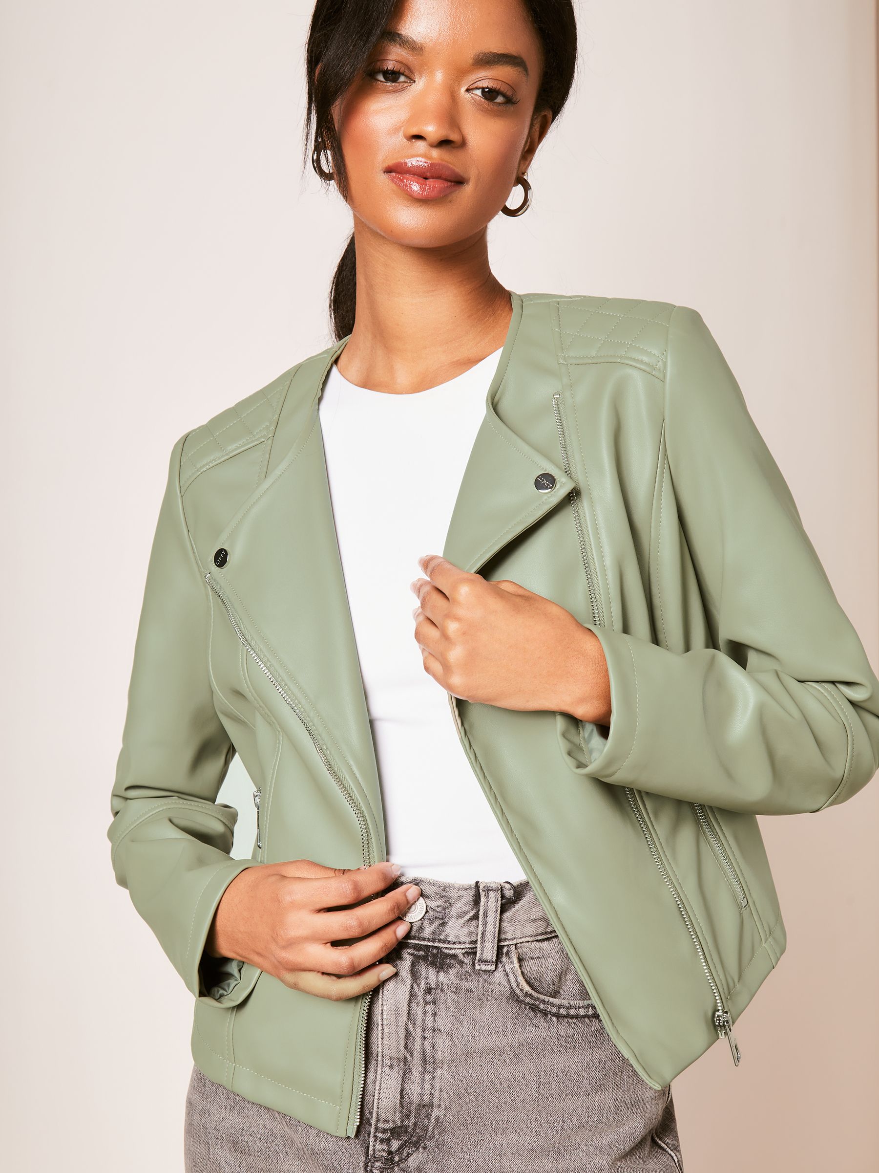 Buy Lipsy Sage Green Faux Leather Collarless Biker Jacket from Next Luxembourg