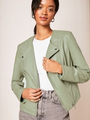 Lipsy Sage Green Faux Leather Collarless Biker Jacket - Image 1 of 4