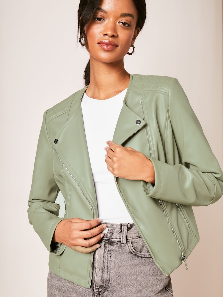 Lipsy Sage Green Faux Leather Collarless Biker Jacket - Image 1 of 4