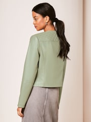Lipsy Sage Green Faux Leather Collarless Biker Jacket - Image 2 of 4