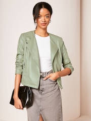 Lipsy Sage Green Faux Leather Collarless Biker Jacket - Image 3 of 4