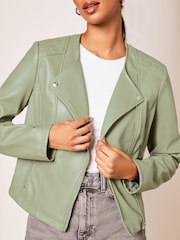 Lipsy Sage Green Faux Leather Collarless Biker Jacket - Image 4 of 4