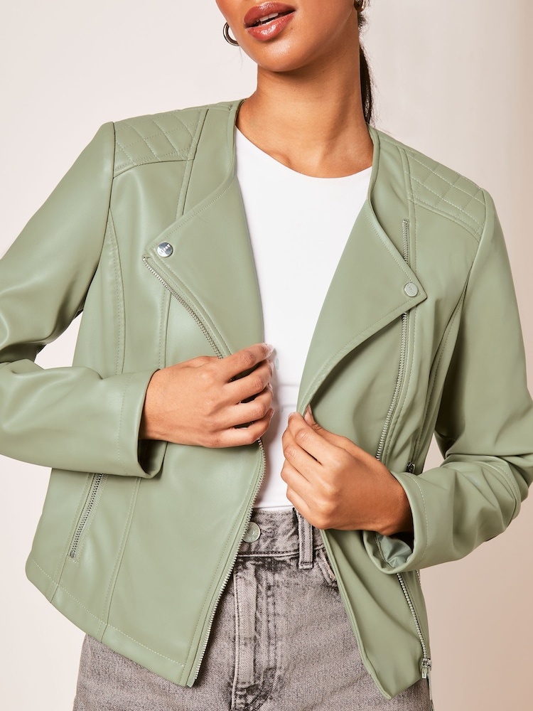 Lipsy Sage Green Faux Leather Collarless Biker Jacket - Image 4 of 4