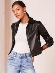 Lipsy Black Faux Leather Collar Zip Through Bomber Jacket - Image 3 of 4