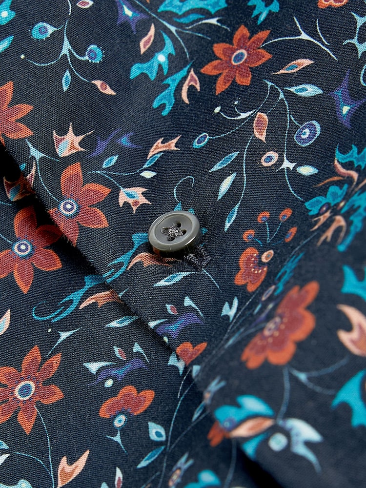 Navy/Blue Regular Fit 100% Cotton Printed Short Sleeve Shirt - Image 6 of 6