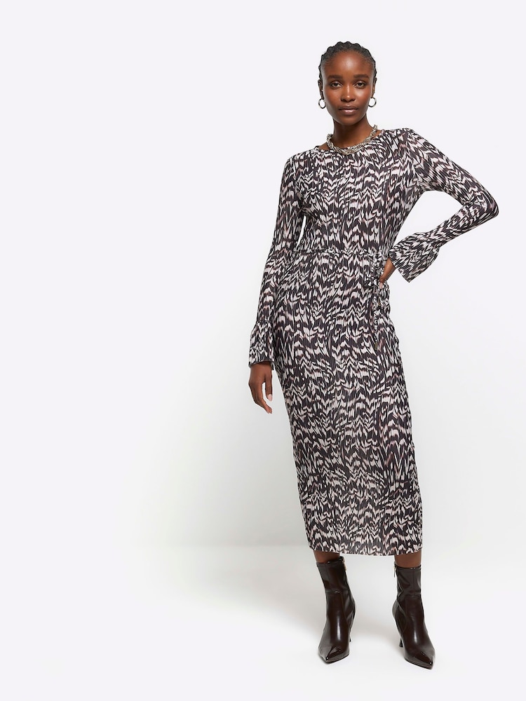 River Island Brown Plisse Flute Sleeve Column Dress - Image 1 of 4