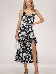Jolie Moi Spaghetti Strap Satin Maxi Black Dress - Image 1 of 6