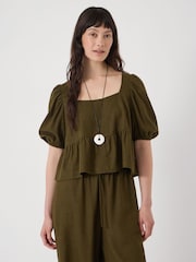Hush Green Alva Puff Sleeve Linen Beach Top - Image 1 of 5