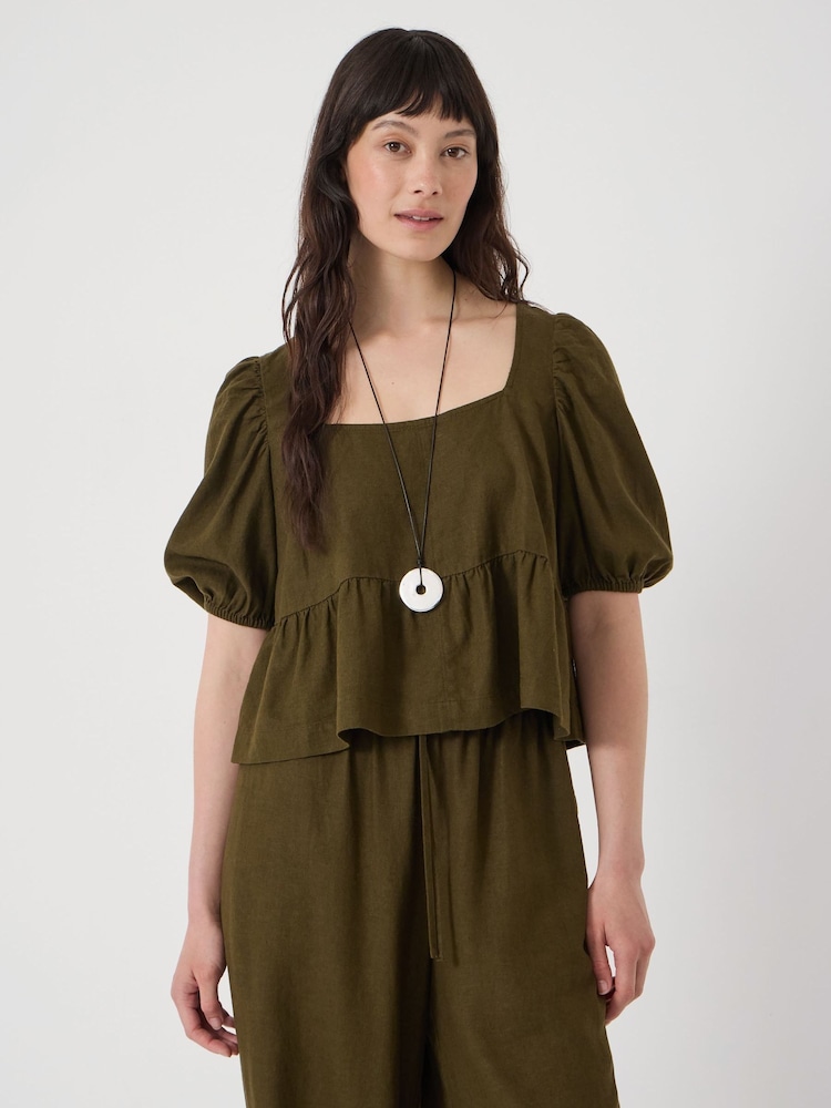 Hush Green Alva Puff Sleeve Linen Beach Top - Image 1 of 5